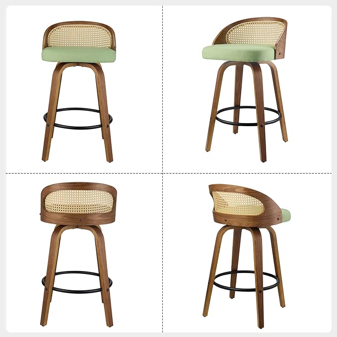 26 inch Swivel Bar Stools with Back, Set of 2 Modern Walnut Bar Chairs, Green Textured Fabric Upholstered Counter Height Stools with Rattan Back for Kitchen Island & Dining Room