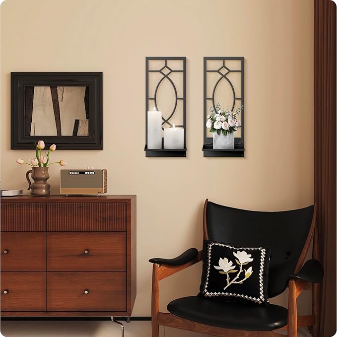 Candle Wall Sconces Set of 2, Black Metal Minimalism Wall Candle Holder for Living Room, Dining Room, Bedroom, Bathroom (2 Pack, 16.5 x 7 in)