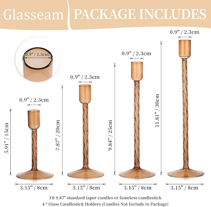 Glasseam Glass Candle Holder Brown: Fall Candle Holders Set of 4 Tall Candle Stick Candle Holder for Tapered Candles Decorative Candle Holders for Table Centerpiece Halloween Thanksgiving Decorations