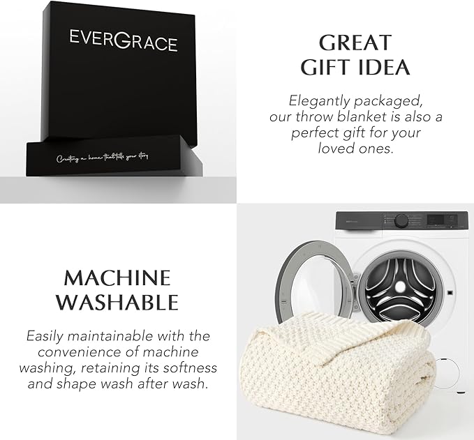 EVERGRACEHOME Chunky Chenille Knit Throw Blanket for Couch, Soft Luxurious Moss Stitch Blankets for Bed, Cozy Decorative Farmhouse Knitted Throws for Sofa, Ivory White, 60" x 80"