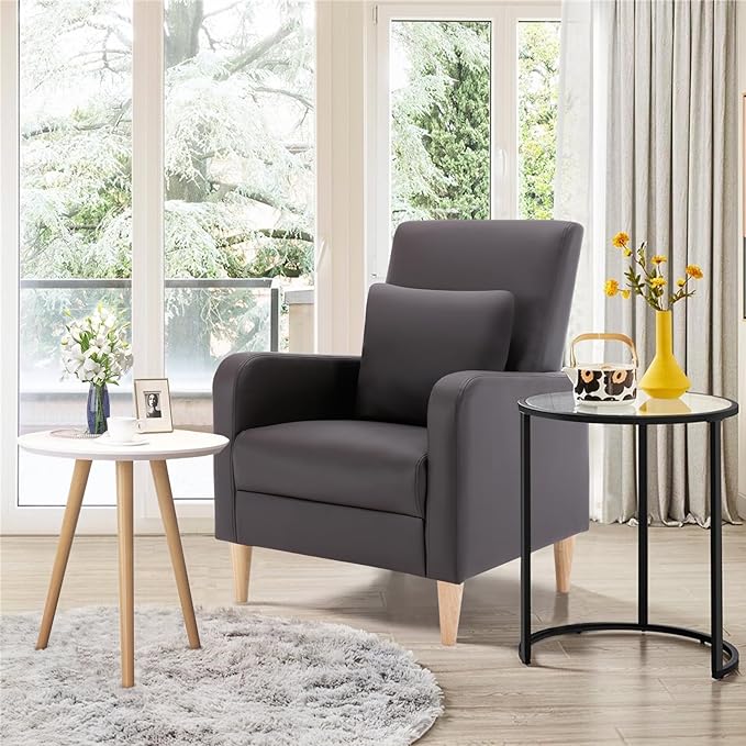 COLAMY Modern Upholstered Accent Chair Armchair with Pillow, PU Leather Reading Living Room Side Chair,Single Sofa with Wood Legs, L-Brown