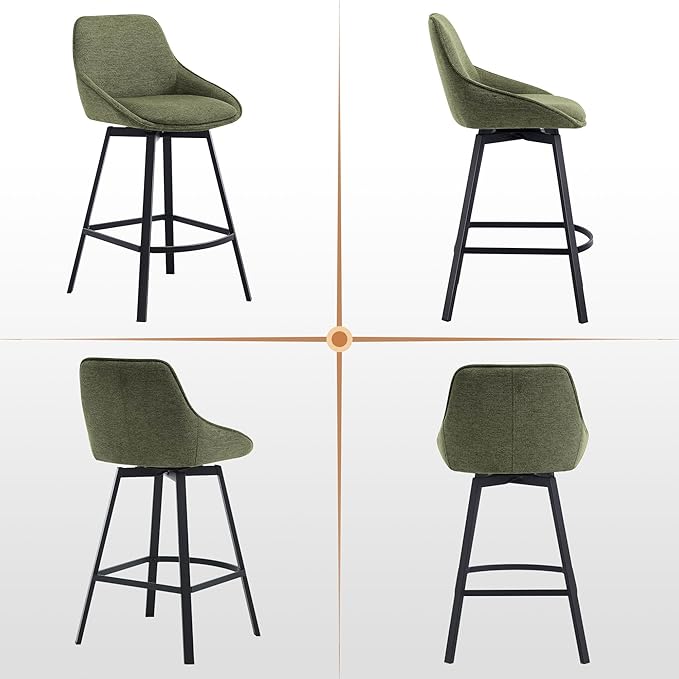 Zesthouse Swivel Bar Stools Set of 4, Modern Counter Height Barstools with Backs, 26'' Upholstered Linen Fabric High Chairs for Island Kitchen, Counter Height Chairs with Metal Legs, Green