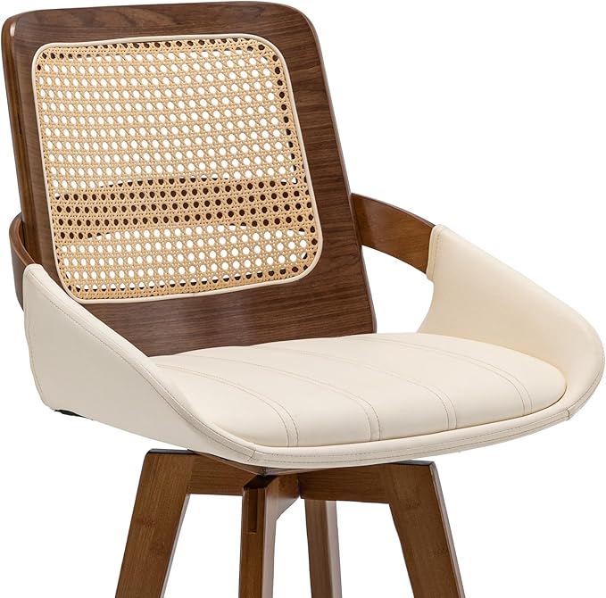 Bar Height Bar Stools Set of 4 - 29.5 inch Mid Century Modern Bar Stools with Cane Back, Curved Arms, Faux Leather Upholstered Seat, Rattan BarStools for Island/Pub/Kitchen (30" Seat Height, Beige)