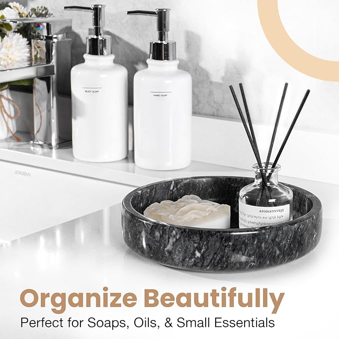 Marble Decorative Bowl - 7.5" Natural Black Solid Marble Centerpiece - Handmade Stone Fruit Bowl - Catch-All or Key Bowl for Kitchen - Modern Minimalist Decor