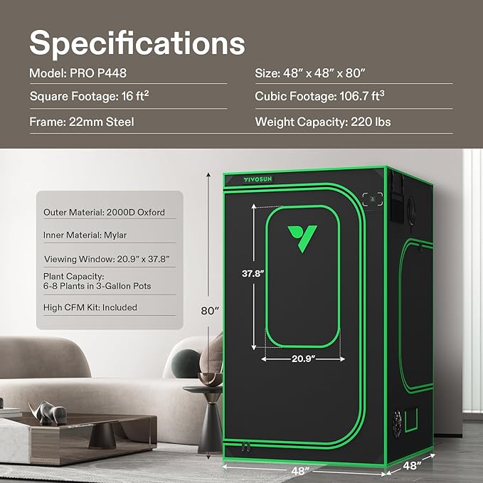 VIVOSUN P448 48"×48"×80" PRO Grow Tent, with Thick 1 inch Poles, Strengthened High Reflective Mylar Oxford Fabric, Extra Hanging Bars & High CFM Kit for Hydroponics Indoor Plant for AeroLight A200SE×2