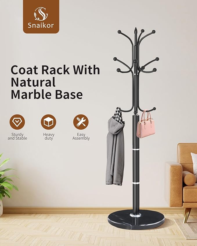 Metal Coat Rack Freestanding, Sturdy Coat Rack Stand with Natural Marble Base, Modern Black Coat Racks Tree Hats Hanger Holder Stand for Entryway, Hallway, Office(12 Hooks)