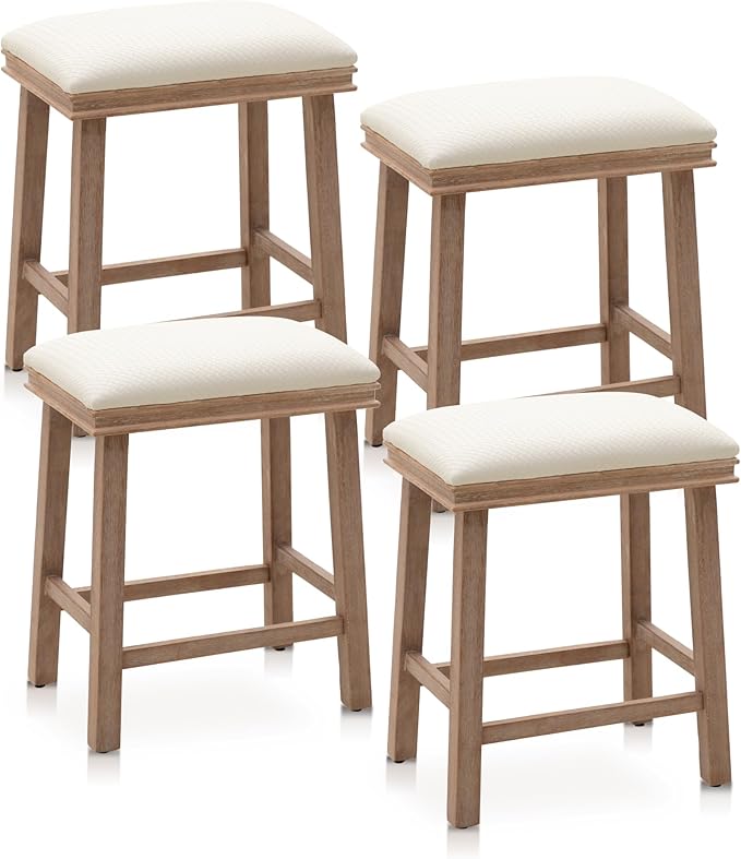 PHI VILLA Bar Stools Set of 4 - Solid Wood Legs Counter Height Barstools with Upholstered Saddle Seat, 24 inch Kitchen Counter Island Stools