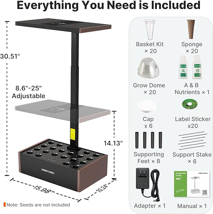 SUNCOZE 20 Pods Hydroponics Growing System Kit, Indoor Herb Garden with 30W LED Grow Light, 10L Large Water Tank, Up to 25" Height, Plants Germination Kit with Quiet Pump, Black