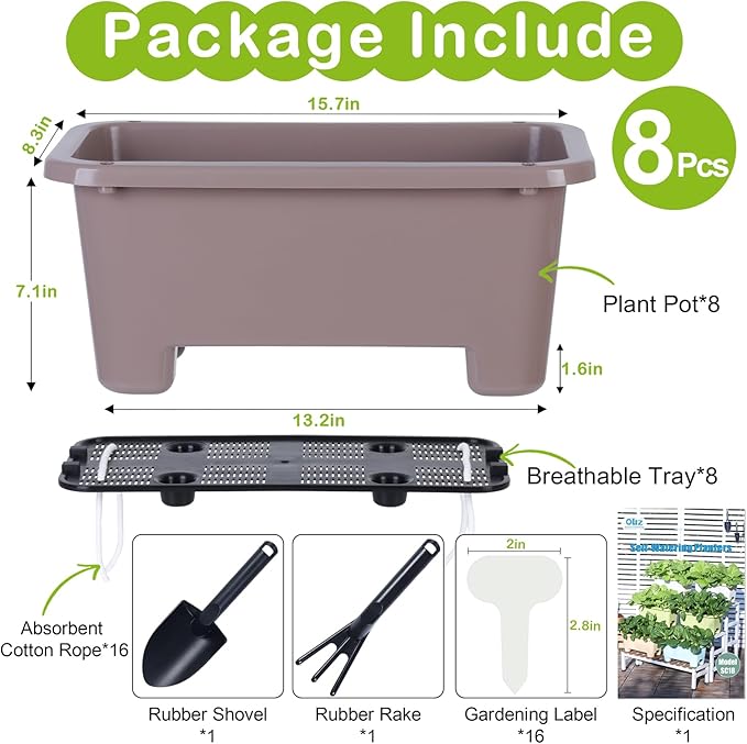 Self-Watering Rectangle Planter Boxes 8-Pack, 15.7-Inch Window Box Planter with Drainage Holes & Trays, Pots for Vegetables, Herbs, Flowers, Garden Windowsill Balcony (Coffee, 15.7*8.3*7.1 inch)