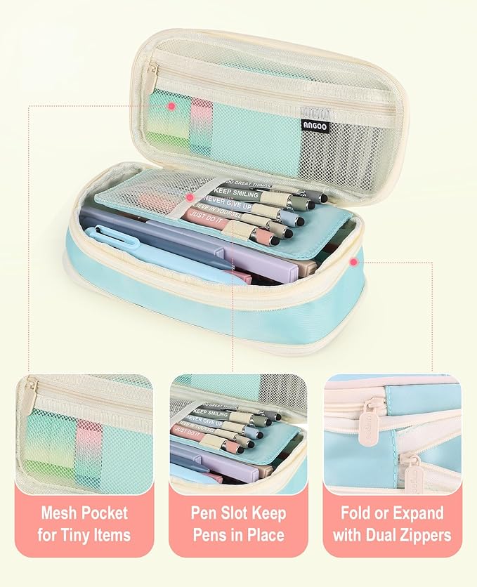 56 PCS Aesthetic School Supplies Cute Stationary Set with Large Pencil Case, Inspirational Ballpoint Pens, Highlighters, Black Ink Gel Pens,Mechanical Pencils 0.5-0.7mm, Student Essentials (Blue)