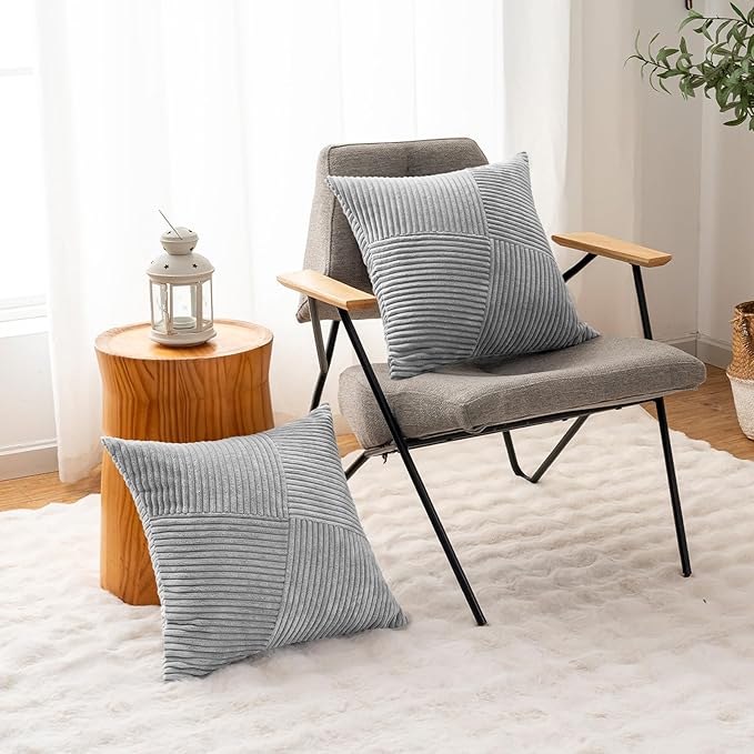 Decorative Throw Pillow Covers 20x20 Inch Set of 2 for Boho Living Room Farmhouse Home Decor, Spring Pillow Covers for Couch Bed, Soft Corduroy Striped Patchwork Cushion Cases, Light Gray