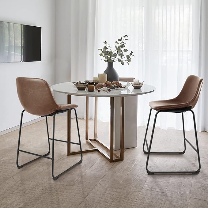 Rfiver Pu Faux Leather Bar Stools Set of 4, Industrial Pub Barstools with Back and Footrest, Modern Armless Bar Height Stool Chairs (Brown, 24" Counter Chair x4)
