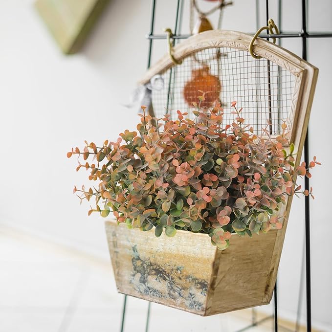 RECUTMS 12 Bundles Fake Bushes Artificial Plants Outdoor Faux Plant Eucalyptus Stems Fake Porch Plants for Farmhouse Bathroom Office Vase Centerpiece Indoor Outdoor Decor(Dusty Orange)