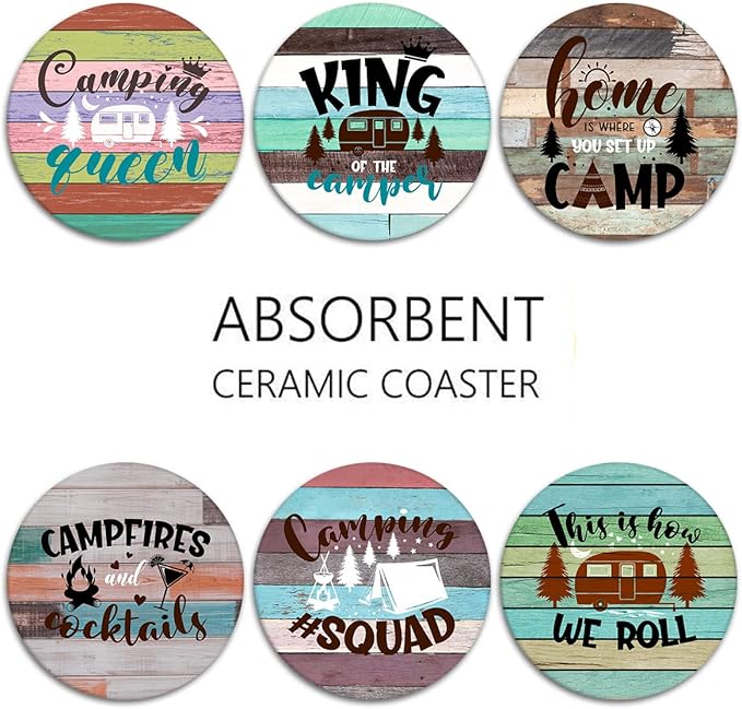 Britimes Coaster for Drinks Set of 6, Wooden Summer Camping Forest Absorbent Round Ceramic Stone Mat, with Cork Base and Metal Holder, Gift for Housewarming Room Bar Decor