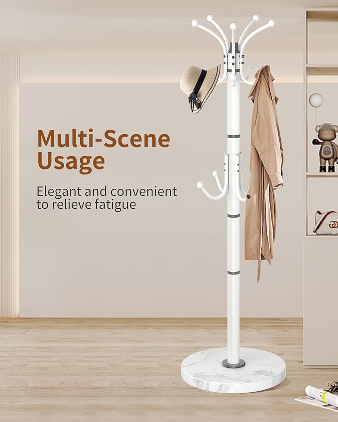 Metal Coat Rack Stand with Natural Marble Base, Modern Coat Rack Freestanding, 360°Rotary Coat Racks with 14 Hooks, White Coat Stand Hall Tree Hanger Stand for Entryway, Office,Corner
