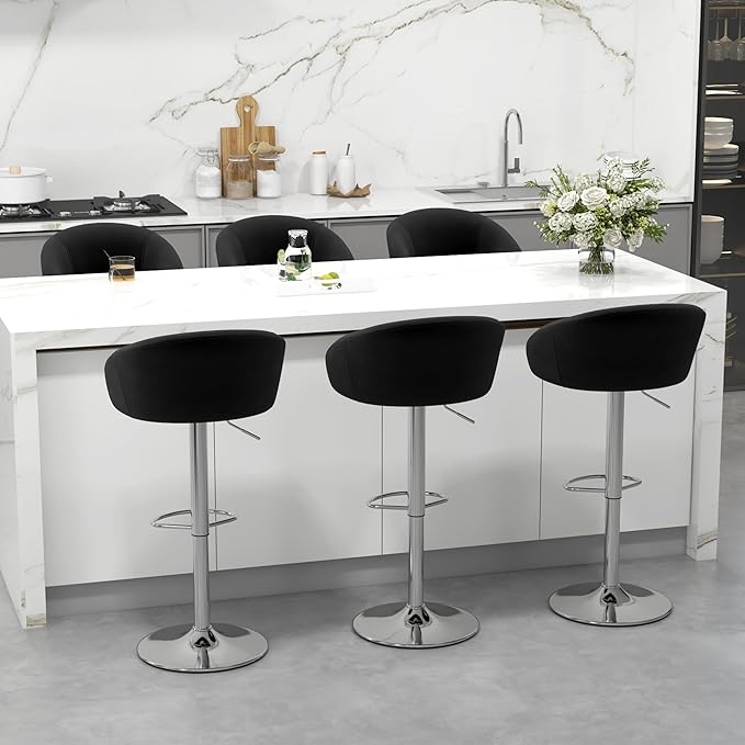 KCC Velvet Bar Stools Set of 6, Counter Height Bar Stools with Low Back, Swivel Barstool for Kitchen Island, Bar Pub (Black)