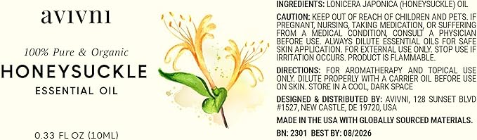 Honeysuckle Essential Oil - 100% Pure & Natural, Organic, Undiluted for Aromatherapy, Hair, Diffuser (0.33oz - 10ml)