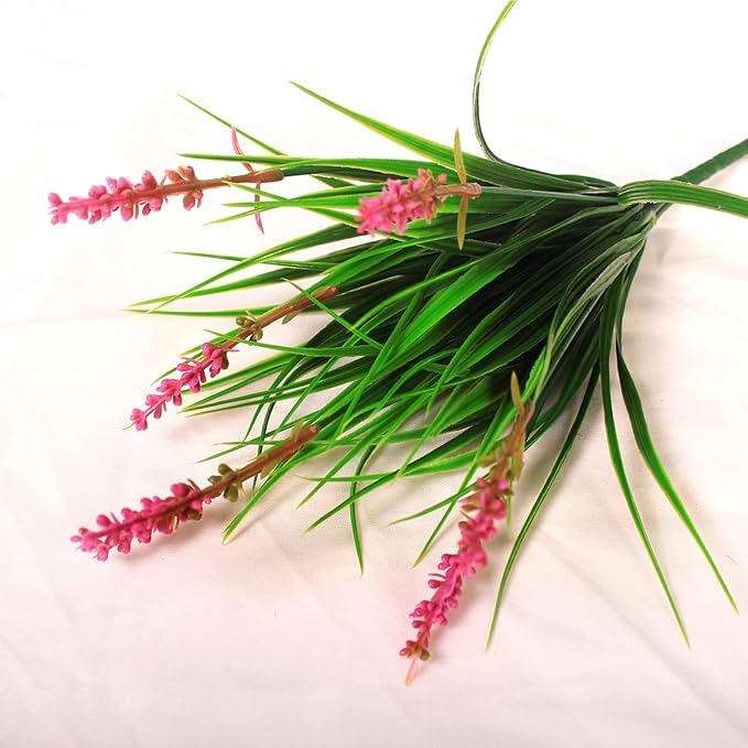 Artificial Plants Outdoor 12 Bundles Fake Monkey Grass Fade Resistant Plastic Faux Flowers Look Real for Porch Patio Home Garden Pot Decor (12 Bundles Pink Monkey Grasses)