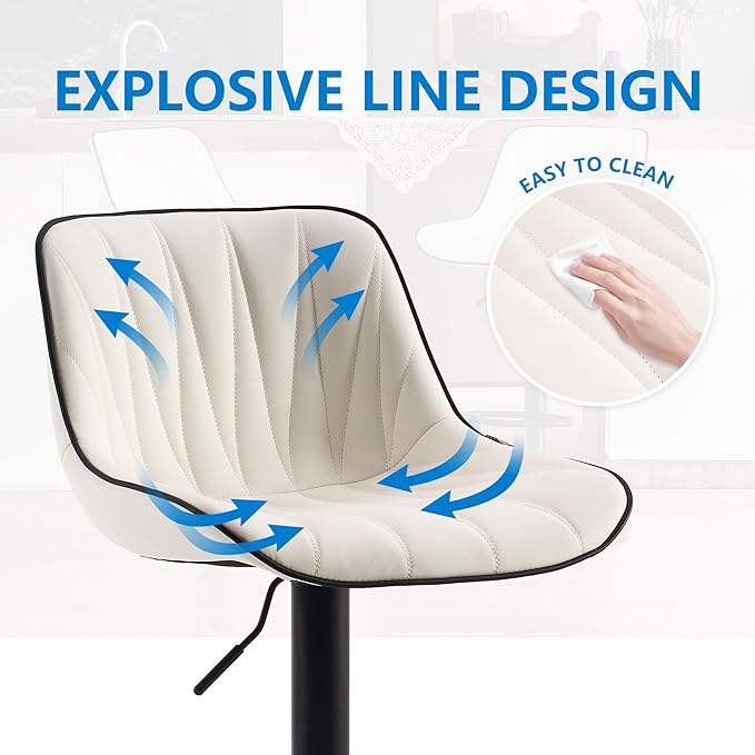 YOUNIKE Bar Stools Set of 2 for Kitchen Island, White Faux Leather Padded Bar Stools, Adjustable Barstools with Back, Modern Tall Bar Stools with 300LBS Support, Counter Height Swivel Bar Chairs