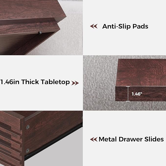 IRONCK Coffee Table with LED Light and Charging Station, 4 Storage Drawers with Grille Design, Square Coffee Table for Living Room Office Reception Room (Walnut)