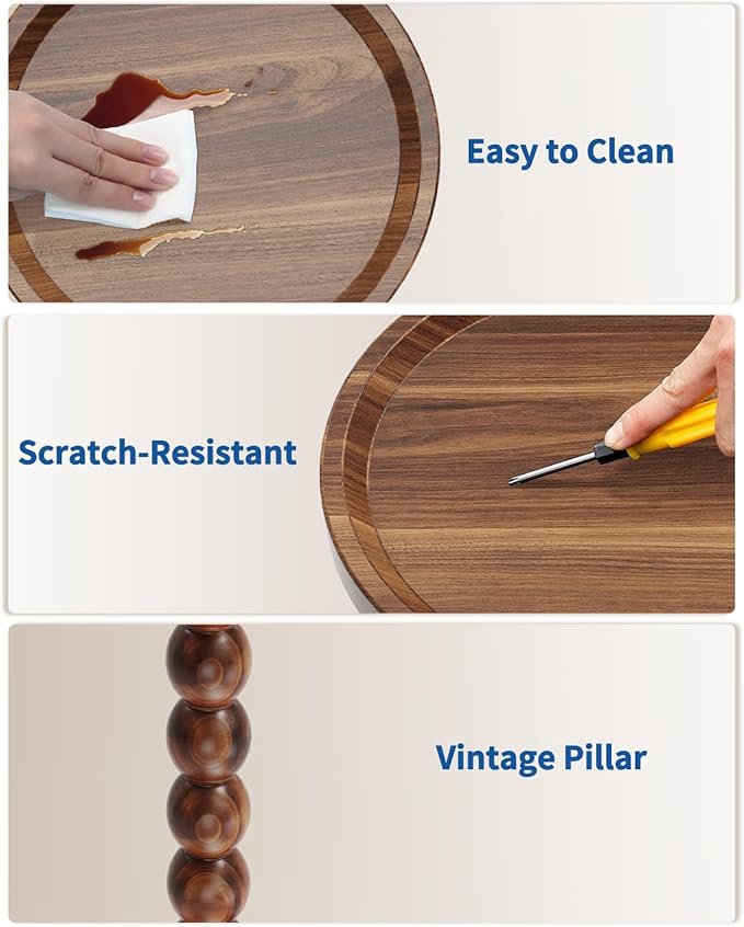 Round Wooden Side Table & Drink Table | Sturdy & Functional Mid-Century Design with Solid Wood Pillar for Living Room, Bedroom, Office & More