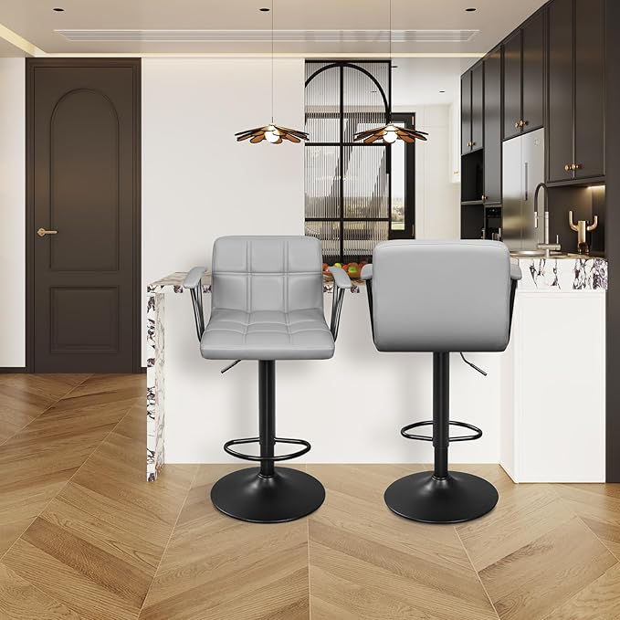 Bar Stools Set of 2, Armrest Adjustable Swivel Barstools with Back, Double Needle PU Leather Counter Height Chairs for Kitchen lsland (Light Grey)
