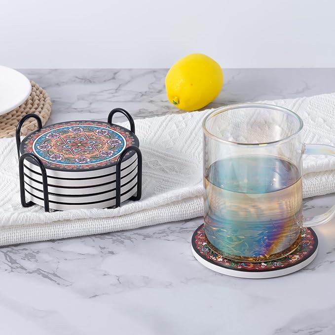 Coasters Absorbent Ceramic Coaster Drink Coasters with Cork Back Turkish Mandala Pattern Set of 6 Round Coaster Non Slip for Coffee Table Wine Glass Home Bar 4 Inch, Colorful