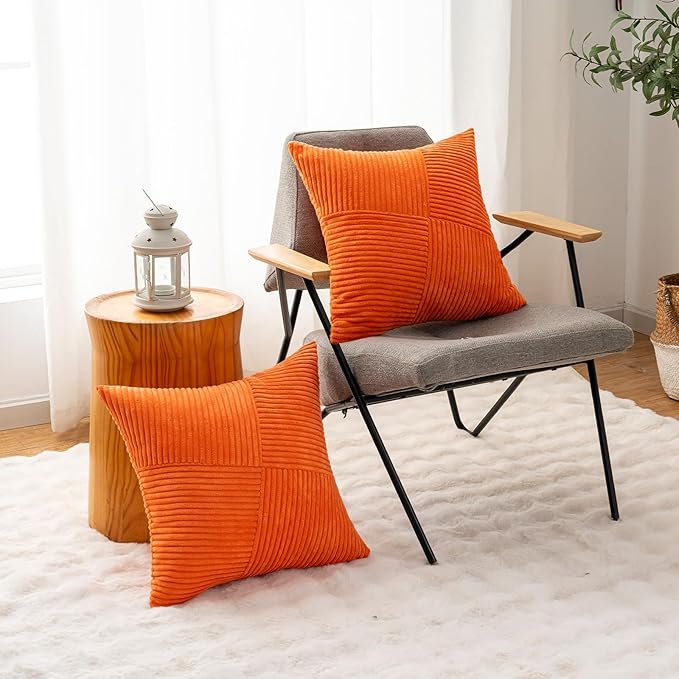 Decorative Throw Pillow Covers 20x20 Inch Set of 2 for Boho Living Room Farmhouse Home Decor, Spring Pillow Covers for Couch Bed, Soft Corduroy Striped Patchwork Cushion Cases, Orange