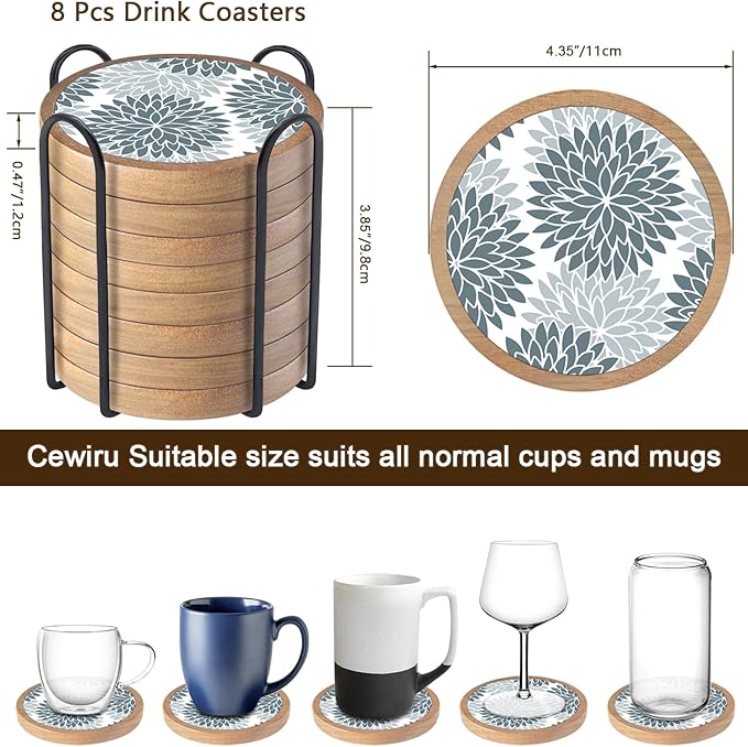 Wood Coasters Set of 8 with Holder, Cewiru Cup Mat for Drinks, Absorbent Coasters with Felt Insert for Coffee Table Protection, Modern Style Home Dining Table Decor, 4.3" Gray