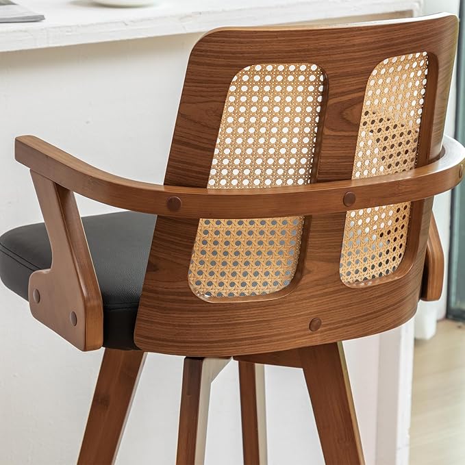 Set of 2 Rattan Bar Stools - 30 inch Swivel Mid Century BarStools with Cane Back, Walnut Craftsmanship, Upholstered Seat, Bar Height Stools for Bar/Pub/Island/Cafe (30" Seat Height, Black)