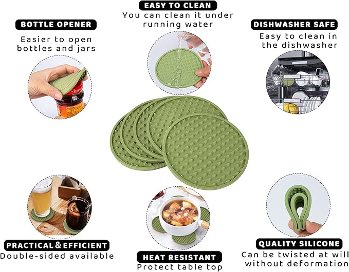 Coasters for Drinks 6 Pack Drink Coaster with Holder,Heat Resistant Silicone Cup Mat Tabletop Protection,Non-Slip Rubber Coasters for Kinds of Cups (Green)