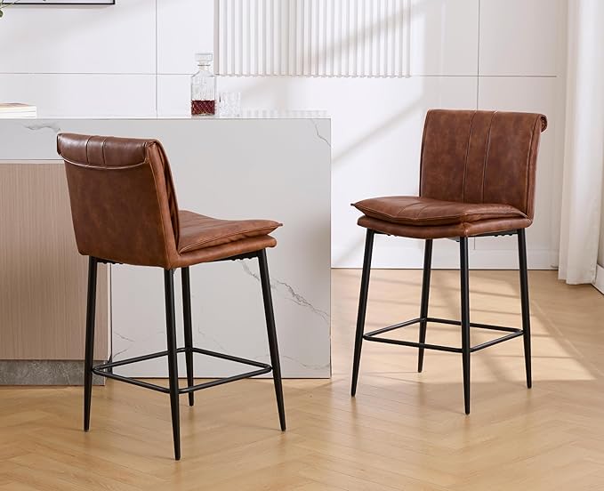 EALSON Leather Counter Height Bar Stools Set of 2 Modern 26 Inch Barstools with Back Upholstered Breakfast Counter Stools with Metal Legs Comfortable Bar Chairs for Kitchen Island, Brown