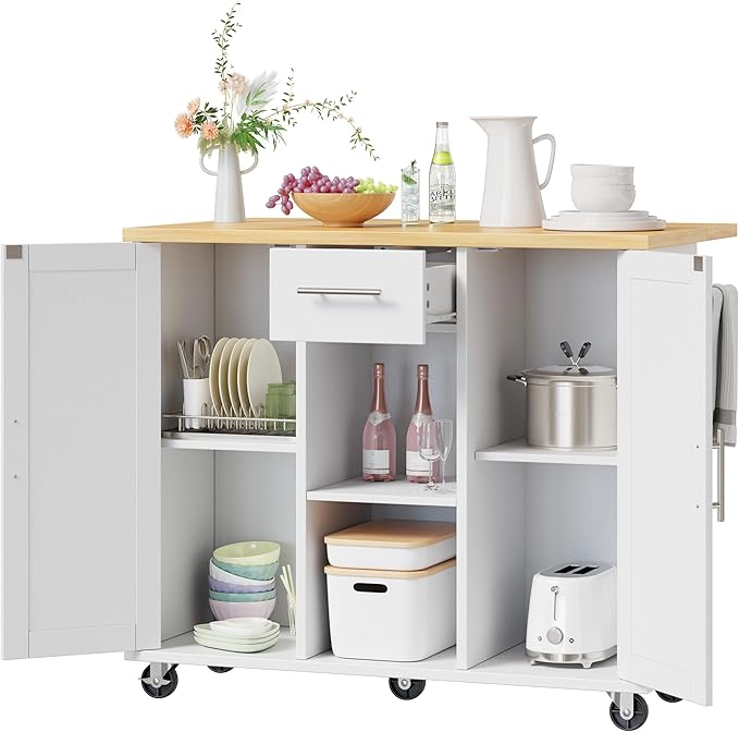 Shintenchi Kitchen Island with Storage, Bar Cart Cabinet Island Table on Wheels, Rolling Microwave Cart for Kitchen with Drop Leaf, Drawers, Towel Rack, Seating Area for Dining Room, White