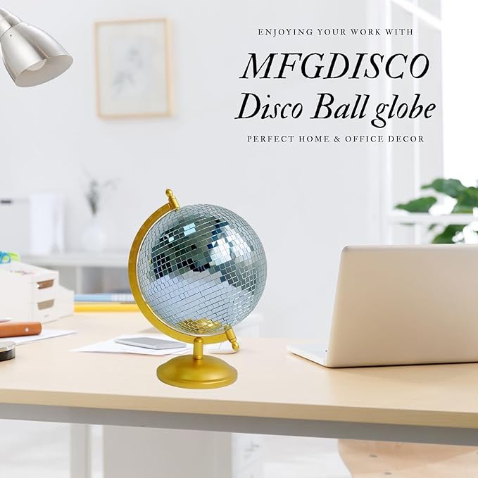 Disco Ball Globe Home Decor Statues Classic Tabletop Art Sculpture with Metal Base Discoball Unique Western Modern Decorative Aesthetic Sculptures, 8.5" x 8" x 12", Bright Gold