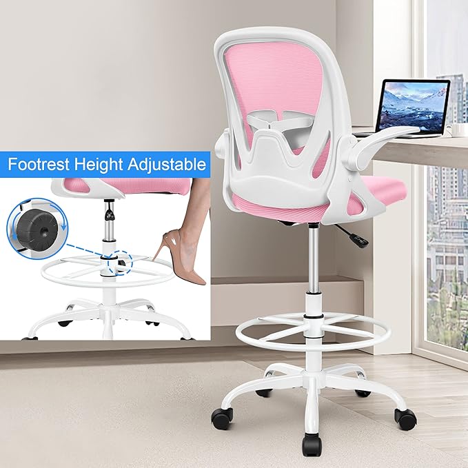 Primy Drafting Chair Tall Office Chair with Flip-up Armrests Executive Ergonomic Computer Standing Desk Chair with Lumbar Support and Adjustable Footrest Ring (Pink)