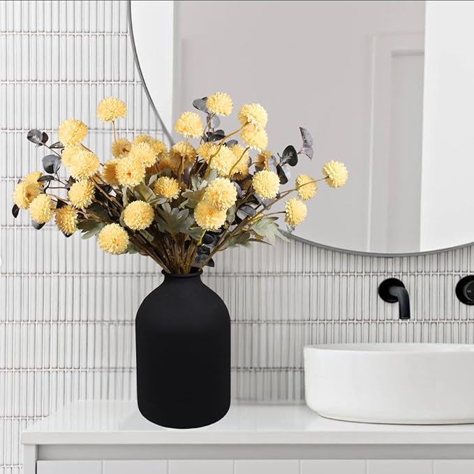 Yellow Flowers Artificial Long Stems Kiku Flower With Eucalyptus, Spring Flowers Decor, Mustard Yellow Decor, Flores Amarillas Artificiales Para Decoracion, Faux Easter Spring Summer Floral Stems