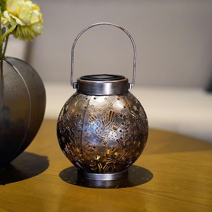 Outdoor Solar Hanging Lantern Lights Metal LED Decorative Lamp for Garden Patio Courtyard Lawn and Table with Hollowed-Out Design (Bronze Hummingbird)