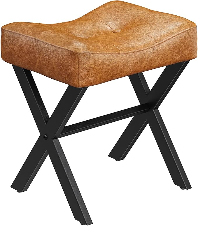 18-Inch Leather Vanity Stool Chair, Vanity Bench with Metal X-Leg, Ottoman Accent Stool with Thick Padded Saddle Seat, Brown