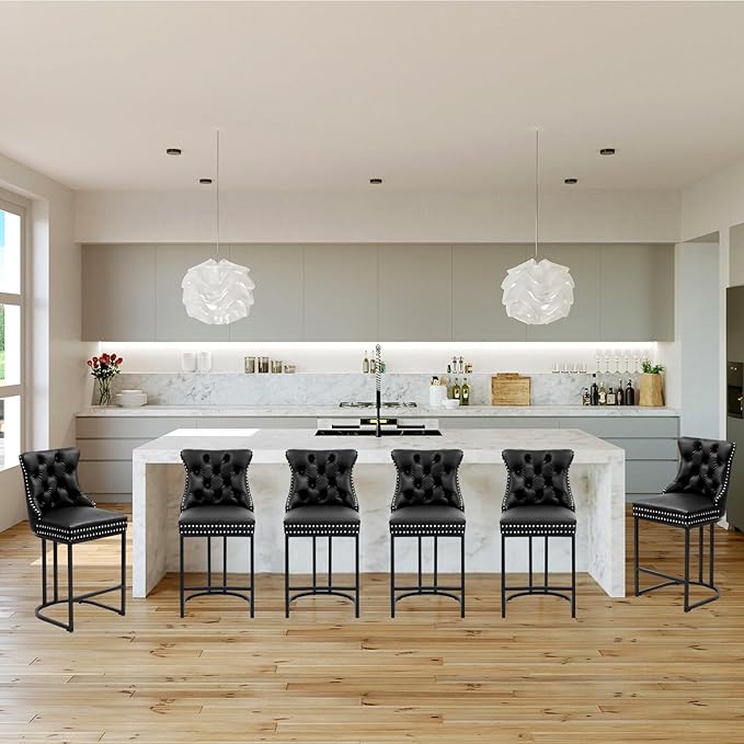 Counter Height Bar Stools Set of 4, 24" Modern Barstools with Back, Faux Leather Upholstery Counter Chairs with Metal Legs for Kitchen Island, Bar, Counter, Black