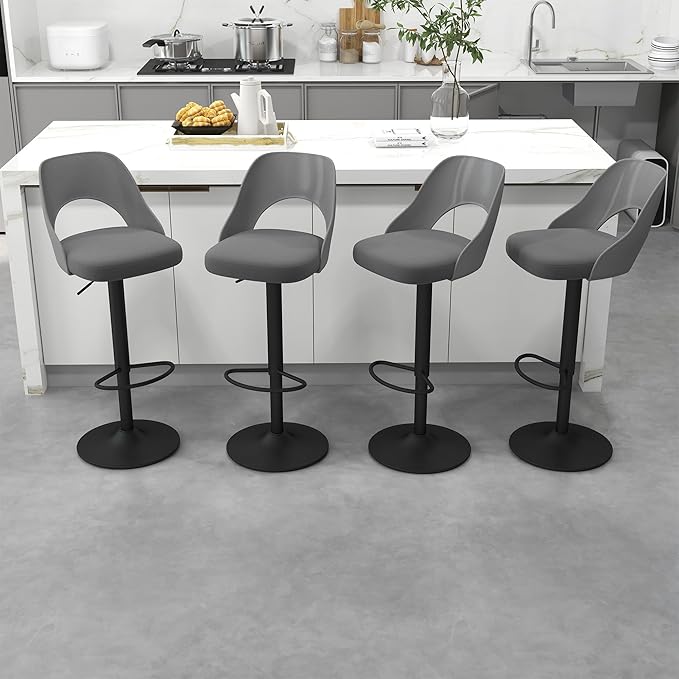 civama Bar Stools Set of 4 for Kitchen Counter, Seat Height Adjustable 25''-33'', Modern Upholstered Swivel Island Chairs with Hollow Backrest Metal Base, Grey