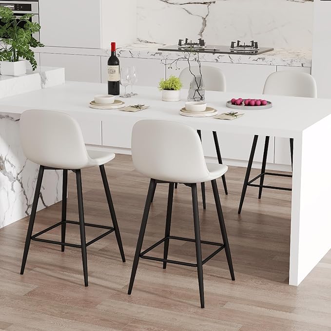 White Barstools Set of 4, 24.6" Counter Height Bar Stools with Back & Metal Footrest, Modern Island Chairs Set of 4 for Kitchens Island Home Bar