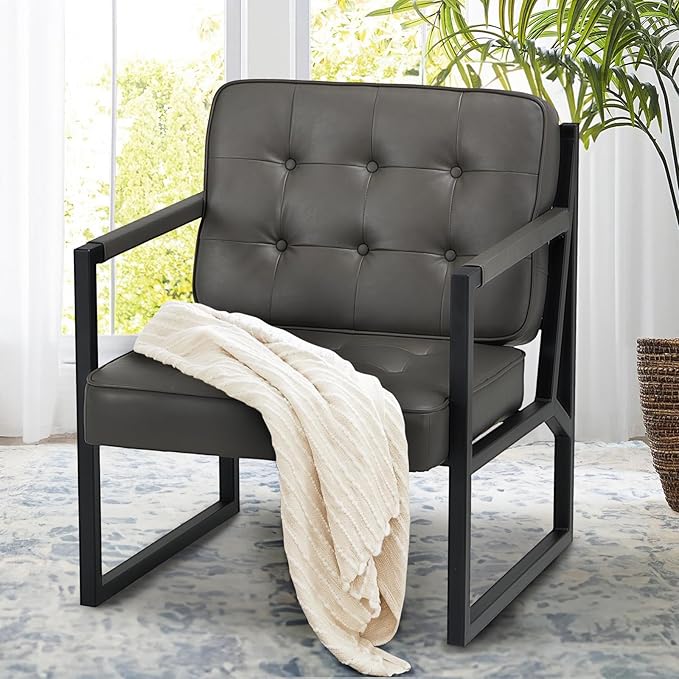 COLAMY Modern Accent Chair, Accent Arm Chair for Living Room, Comfy Leather Armchair with Metal Legs for Bedroom Reception Waiting Room, Grey