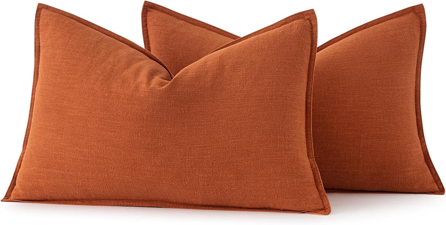 MIULEE Fall Decorative Linen Lumbar Pillow Covers 12x20 Inch Burnt Orange Boho Farmhouse Neutral Couch Throw Pillows for Bed Pack of 2 Accent Modern Pillowcase Summer Sofa Livingroom Home Decor
