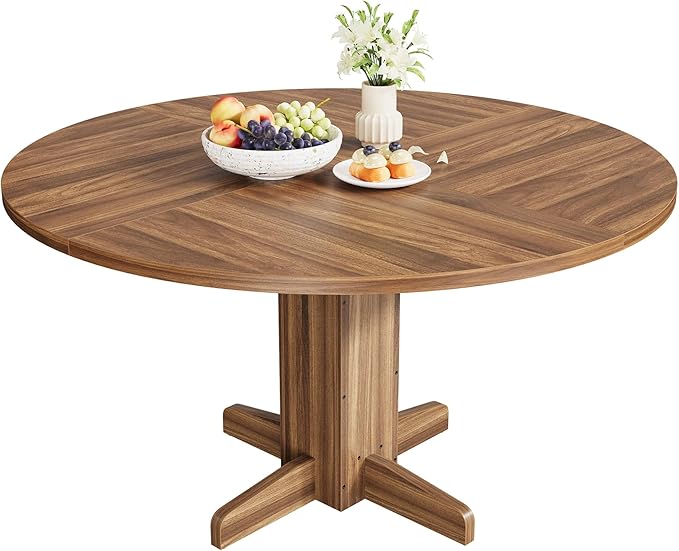 Garvee Round Dining Room Table for 4-6, 47" Wood Kitchen Table with Sturdy Pedestal Base, Farmhouse Circle Dinner Tables for Living Room, Apartment, Walnut