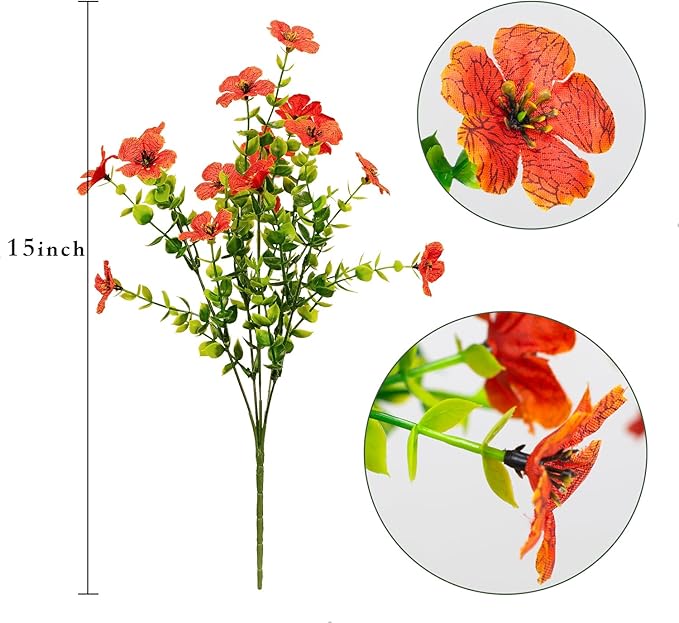 16 Bundles Artificial Flowers Outdoor Spring Summer Decoration Fake Silk Colorful Daisy Eucalyptus Realistic UV Resistant Outside Faux Plants for Garden Porch Window Box Home Decor (Orange)