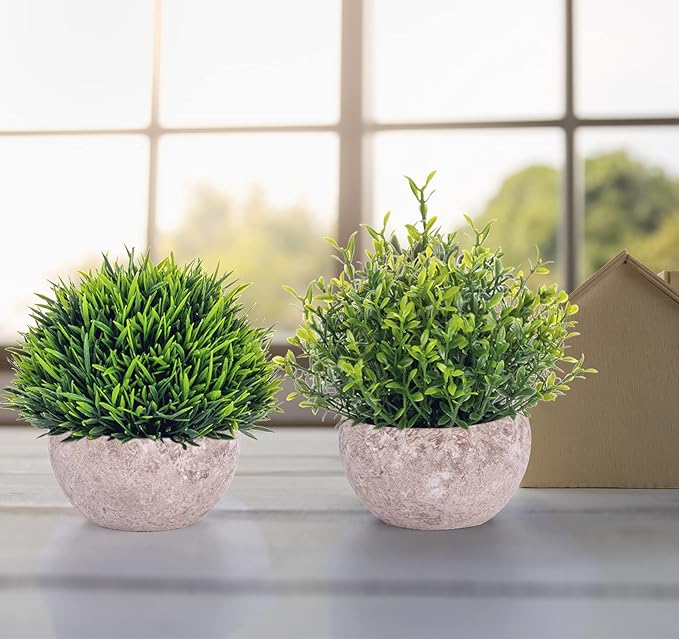 Fake Plants,5 Pack Small Fake Plants Mini Potted Artificial Eucalyptus Greenery Plastic Green Grass Plants for Indoor Outdoor,Mini Faux Plant for Shelve Desk Table Farmhouse Bathroom Shelf Decor