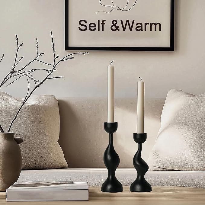 Smtyle Holloween Modern Sculptural Black Candle Stick Holders Cast-Aluminum Taper Set of 2 (7″ & 8″) Dual-Height Candlesticks for Dining Table Wedding or Home Decor