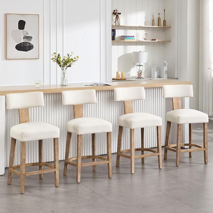 Linen Bar Stools Set of 6, Upholstered 27.7'' Counter Height Barstools with Curved Back, Farmhouse Wood Bar Chairs for Breakfast, Kitchen Island, Cafe, Beige