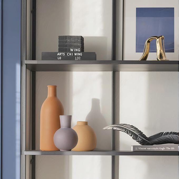 Ceramic Flower Vase Set of 3, Home Decor Vases for Centerpieces, Tulips Flowers Pampas Grass Decor, Boho Rustic Farmhouse Kitchen Bedroom Bathroom Living Room Office Wall Decor Aesthetic -Brown