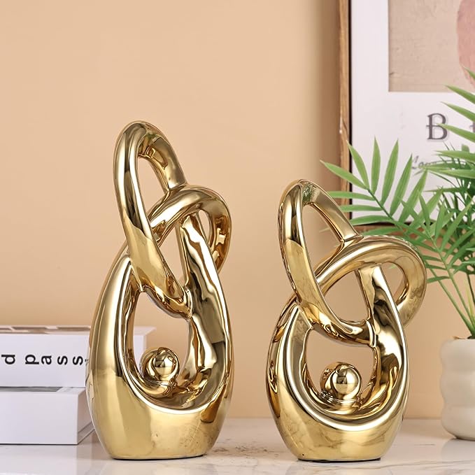 Gold Modern Abstract Art Home Decor Accent,Statues Coffee Table Decor for Living Room,Table Centerpieces for Dining Room,Ceramic Sculptures and Gold Knick Knacks for TV Stand Decor